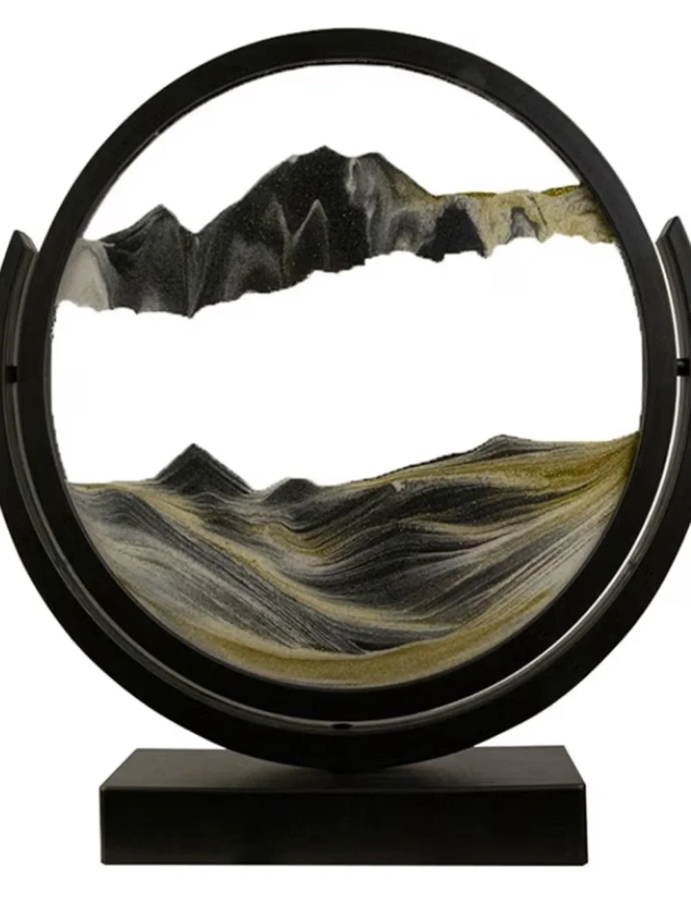 Round Sand Art Display with Black Frame and Gold & Black Sand